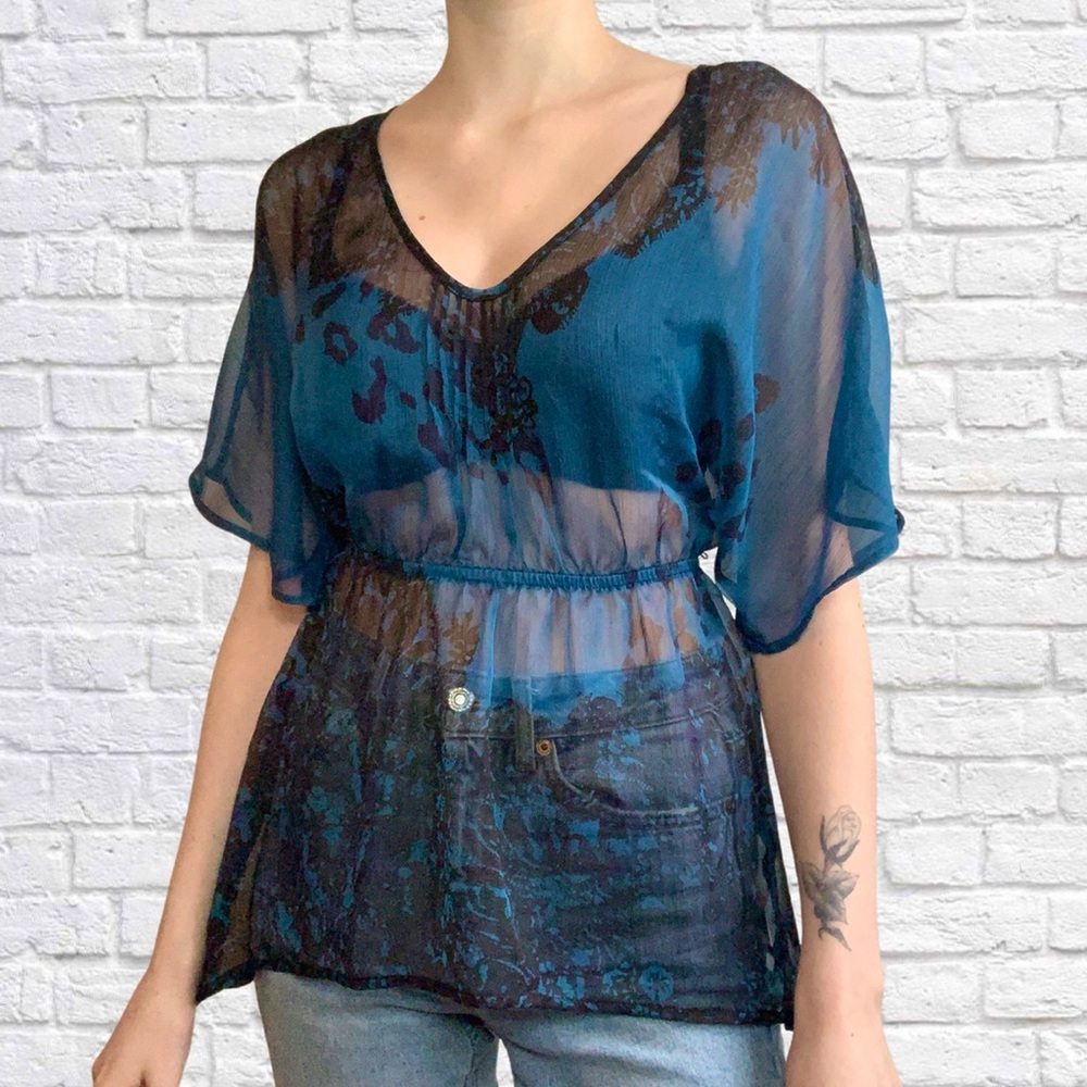 Converse cinch waist blue and black flowy top XS
